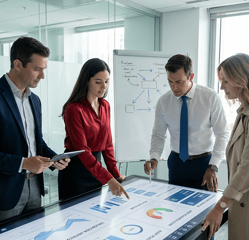 Team collaborating around interactive data display