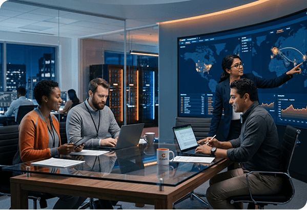 Security professionals analyzing threat data on monitors