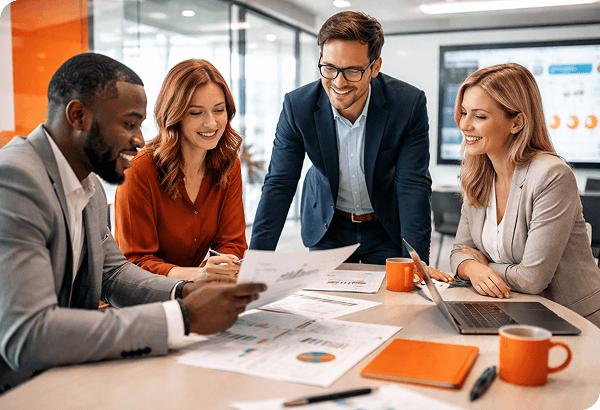 Team reviewing solution deliverables in a meeting