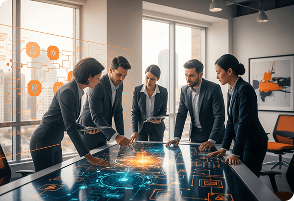 Team collaborating on comprehensive security service modules