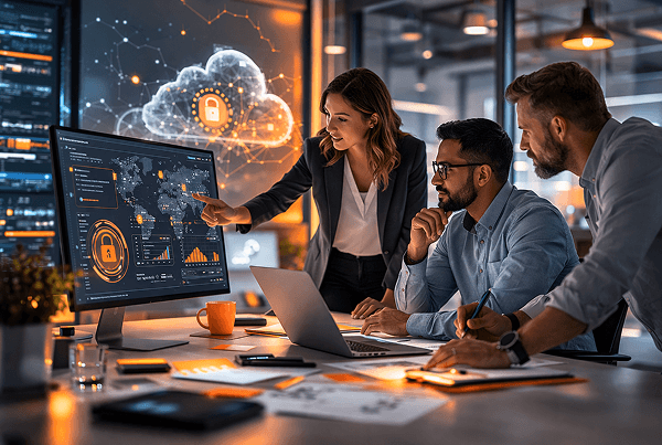 Cloud risk assessment team reviewing security dashboard
