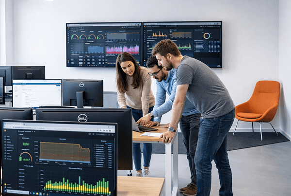 Security team working at multiple monitors in operations center