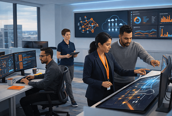 Team reviewing Microsoft Sentinel security dashboard in meeting