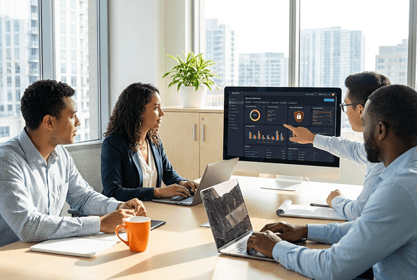 Team reviewing M365 security dashboard in meeting